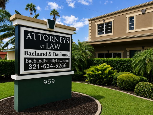 Attorneys at Law sign for Bachand & Bachand, PA in front of the firm&rsquo;s office at 959 N. Cocoa Blvd., Cocoa, Florida